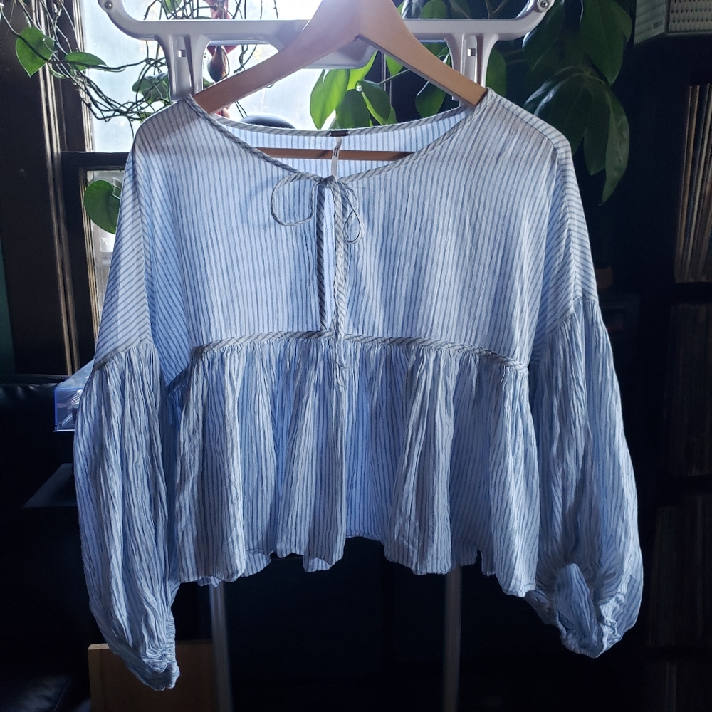 Free People blue stripped tie neck cropped swing top